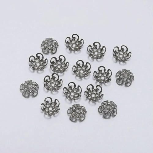 100 Stück 8 mm 10 mm glänzende Vintage-Filigranperlen aus Metall mit hohlen Blumen, Abstandsperlen, Endkappen, Charms, Anhänger für DIY-Schmuckherstellung, Zubehör – Gun Black – von YFSHC