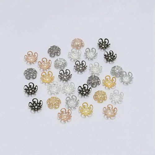 100 Stück 8 mm 10 mm glänzende Vintage-Filigranperlen aus Metall mit hohlen Blumen, Abstandsperlen, Endkappen, Charms, Anhänger für DIY-Schmuckherstellung, mehrfarbig, 10 mm x 10 von YFSHC