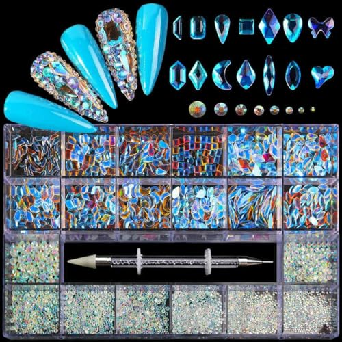 21/24 Gitter Luxus Strass Nail Art Schmuck Set Glas Nagel Kristalle Box Original 3D Flachglas geformt Nagel Edelsteine-a von YFSHC