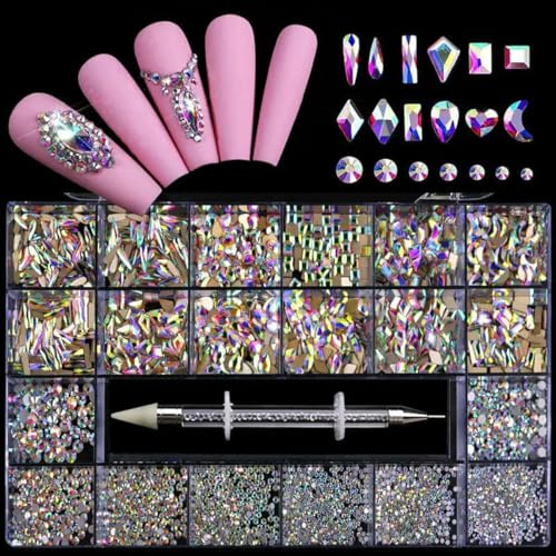 21/24 Raster Luxus Strass Nail Art Schmuckset Glas Nagel Kristalle Box Original 3D Flachglas geformte Nagel Edelsteine-AB von YFSHC