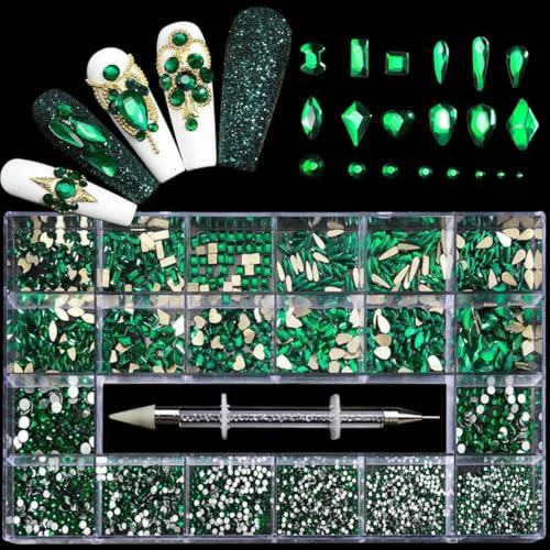 21/24 Raster Luxus Strass Nail Art Schmuckset Glas Nagel Kristalle Box Original 3D Flachglas geformte Nagel Edelsteine-Grün von YFSHC