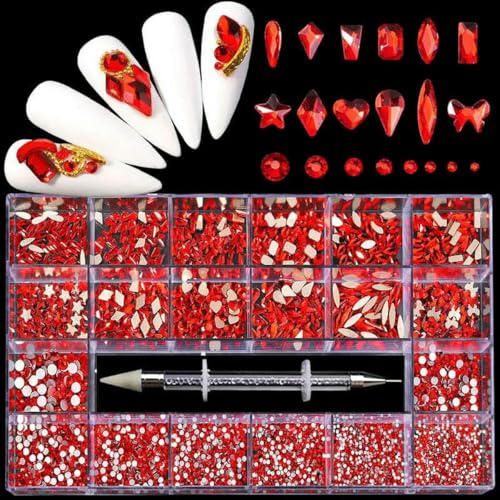 21/24 Raster Luxus Strass Nail Art Schmuckset Glas Nagel Kristalle Box Original 3D Flachglas geformte Nagel Edelsteine-Rot von YFSHC