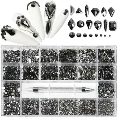 21/24 Raster Luxus Strass Nail Art Schmuckset Glas Nagel Kristalle Box Original 3D Flachglas geformte Nagel Edelsteine-Schwarz von YFSHC
