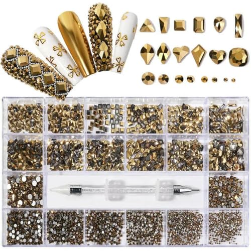 21/24 Raster Luxus Strass Nail Art Schmuckset Glasnagelkristalle Box Original 3D Flachglas geformte Nagelsteine-Gold von YFSHC