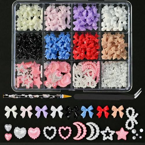 300 Stück/12 Gitter 3D-Harz-Fliege-Nagelkunst-Charm-Set Aurora Bownot Flache Rückseite Perlen Nagelkunst Strasssteine DIY Damen-Nageldekor-Nr. 2 von YFSHC