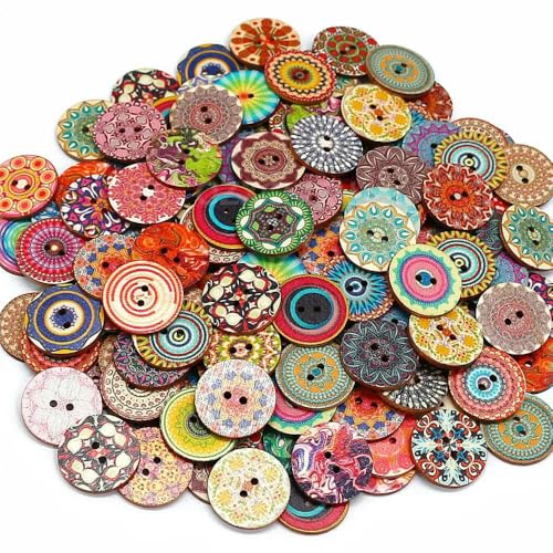 50/100 Stück, 25 mm, gemischte bemalte Blumen, 2 Löcher, runder Holzknopf zum Nähen von Kleidung, Basteln, DIY-Nähzubehör, 50 Stück von YFSHC