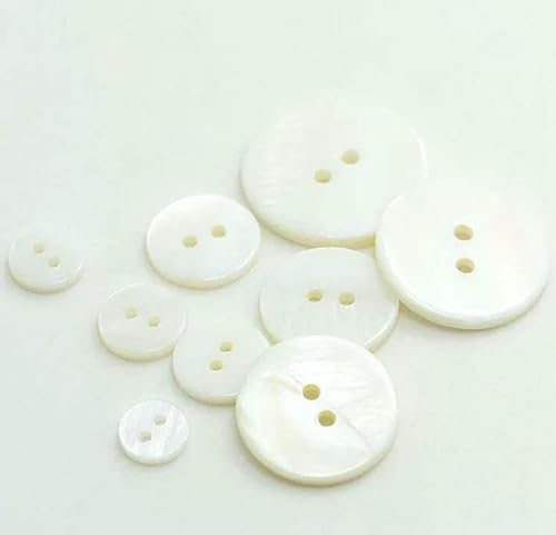 50 Stück/Los 9 mm/10 mm/11 mm/12 mm/15 mm/18 mm/20 mm/23,0 mm/25 mm Mode natürliche weiße Perlmutt Muschelknopf 2 Löcher flacher Hemdknopf-Perlmutt-15 mm von YFSHC