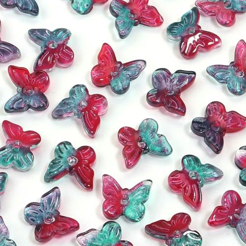 50 Stück/Los Bunte Schmetterlinge Tschechische Glasperlen Lampwork Spacer Perlen für Schmuckherstellung DIY Armband Kleidung Kopfbedeckungen-Dunkelrot Grün von YFSHC