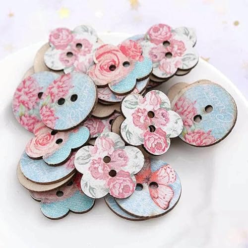 50 Stück/Packung 2 Löcher Bunte Holzknöpfe in Schmetterlingsform Geeignet zum Nähen von Scrapbooking-Knöpfen DIY-Bastelzubehör-Blumen-50 Stück von YFSHC