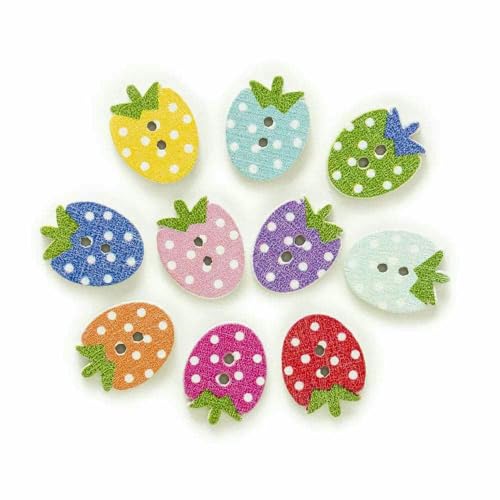 50 Stück 2 Löcher süße Erdbeer-Cartoon-Holzknöpfe zum Nähen zu Hause, Scrapbooking, Dekor, Kleidung, Kartenherstellung, DIY, 16 x 12 mm, Standard von YFSHC