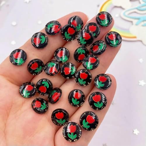 50 Stück Harz, süß, bunt, 10 mm, rund, Tulpen, Blumen, Kristall, Edelstein, flache Rückseite, Strass-Applikation, DIY-Knöpfe, Sammelalbum für Nagelkunst, 4 von YFSHC