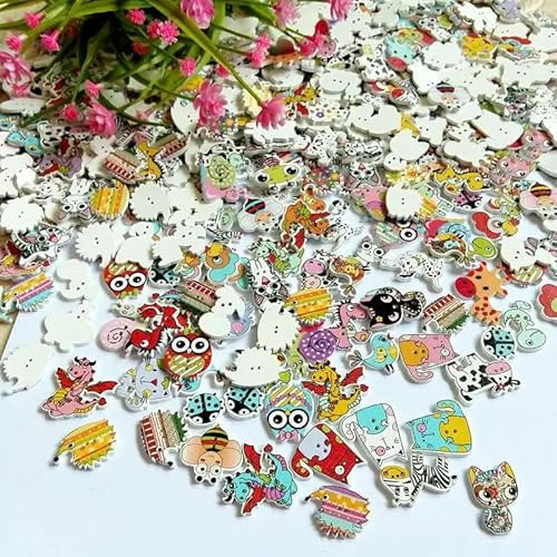 50 Stück Holzknöpfe in niedlicher Cartoon-Tierform, dekorative Nähknöpfe, 2 Löcher, Scrapbooking, zum Basteln, DIY, 20–38 mm, gemischt von YFSHC