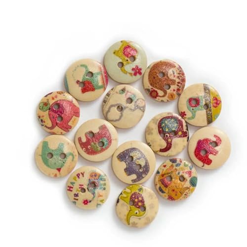 50 Stück runde Holzknöpfe mit Cartoon-Elefanten-Motiv, zum Nähen, Scrapbook, Kleidung, Basteln, Handarbeit, Zubehör, 15 mm, natürliche Basis von YFSHC