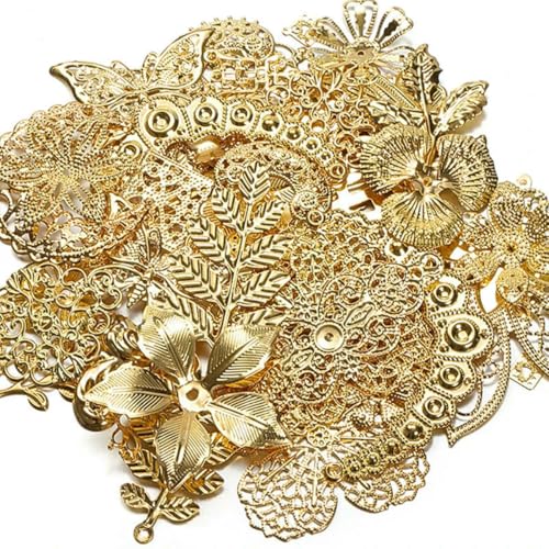 50 g/Los, gemischte Metallblumenblätter, filigrane Wickelverbinder, Anhänger, goldene Perlenkappen, Charms für DIY-Schmuckherstellung, Bastelbedarf, Gold, Gewicht 50 g von YFSHC