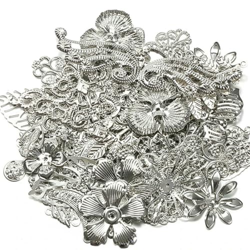 50 g/Los, gemischte Metallblumenblätter, filigrane Wickelverbinder, Anhänger, goldene Perlenkappen, Charms für DIY-Schmuckherstellung, Bastelbedarf, Rhodium, Gewicht 50 g von YFSHC