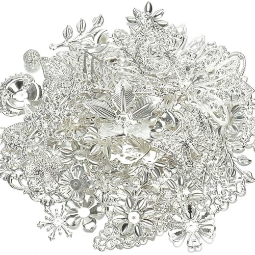 50 g/Los, gemischte Metallblumenblätter, filigrane Wickelverbinder, Anhänger, goldene Perlenkappen, Charms für DIY-Schmuckherstellung, Bastelbedarf, Silber, Gewicht 50 g von YFSHC