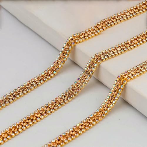 AAAAA 3-reihige Strass-Cup-Kette zum Aufnähen auf glänzende Goldbasis, Glassteinkette für Kleidungsdekoration, DIY-3ZL-024-1 Yard von YFSHC