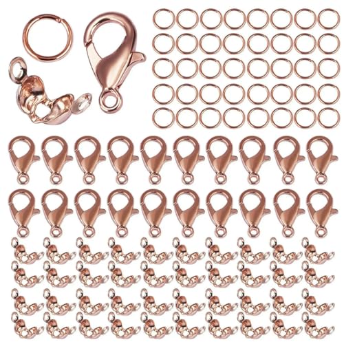 Karabinerverschlüsse aus Edelstahl, offene Biegeringe, Quetschperlen, Abdeckungen, Halsketten-Endverbinder, Zubehör für DIY-Schmuckzubehör, 09, Roségold von YFSHC