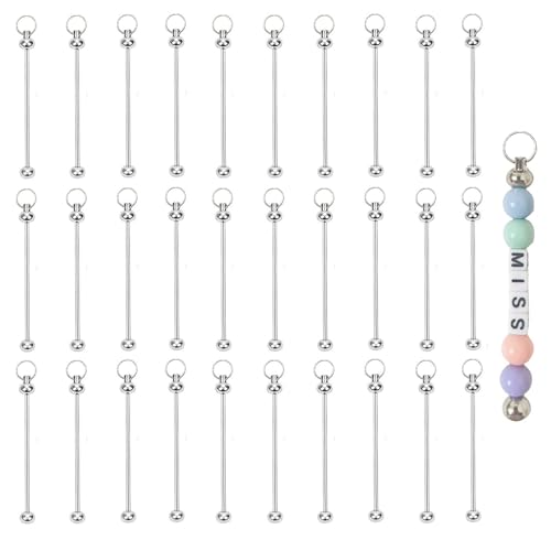 30-teiliges Perlen-Schlüsselanhänger-Set, Metall, silberfarben, blanko, mit Stangen, charmanter Perlenanhänger, für Anhänger, DIY, Handwerk, Schmuckherstellung von YFXJC