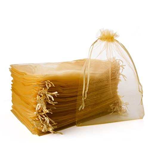 YFZYT Organzasäckchen 100 Stück, Organzabeutel Organza Beutel 17x23CM mit Satin-Kordelzug, Geschenk Säckli Schmuckbeutel für Weihnachtsfest Party und Hochzeit Groß Größe Verpackung(Gold) von YFZYT