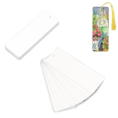 YFaith 14 x 5 cm Lesezeichen Basteln, 60 Stück Lesezeichen Papier Blanko, Geschenkanhänger Weiß, Lesezeichen Selbst Gestalten mit Löchern, für Aquarelle, Zeichnungen, DIY von YFaith