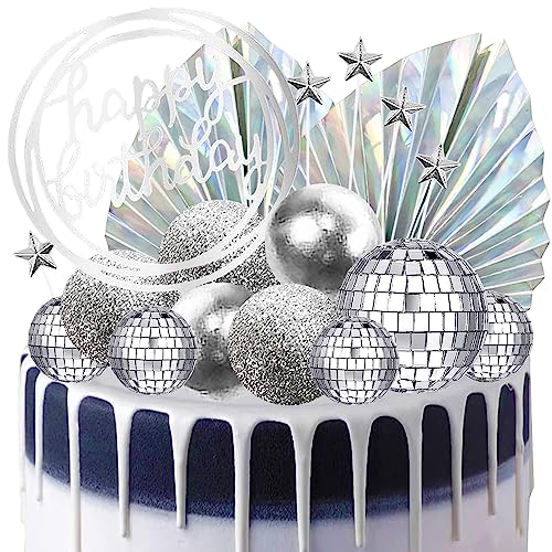 YGCHEN Discokugel Tortendeko Kugeln Kuchen Deko Happy Birthday Cake Topper Disco Ball Kuchen Dekoration Palmblätter Kuchendeko Sterne Cupcake Topper Disco Party Dekoration 28 Stück von YGCHEN