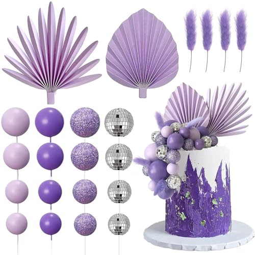 YGCHEN Discokugel Tortendeko Lila Kugeln Kuchen Dekoration Mini Ball Cake Topper Palmblätter Kuchen Deko Hochzeit Kuchendeko Disco Ball Kuchen Topper Geburtstag Boho Deko 38 Stück von YGCHEN