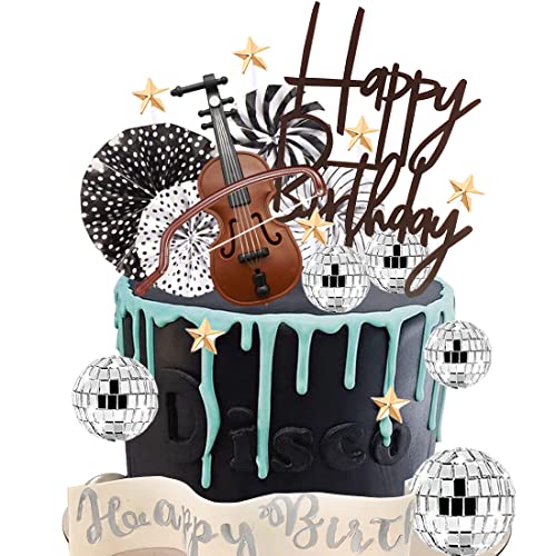 YGCHEN Discokugel Tortendeko Papierfächer Kuchen Dekoration Gitarre Kuchendeko Happy Birthday Cake Toppers Sterne Cupcake Topper für Disco Ball Musik Thema Party Deko von YGCHEN