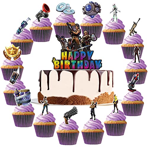 YGCHEN Geburtstag Tortendeko für Fortnite Kuchendeko Gamer Cupcake Topper Happy Birthday Cake Topper Videospiel Gaming Kuchendekoration für Jungen Spiel Party (48 Stück) von YGCHEN