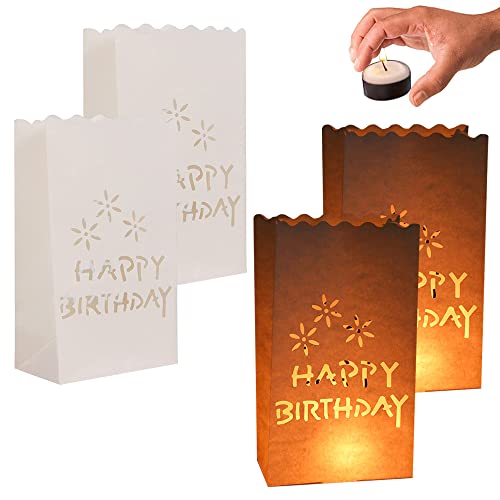 YGCHEN Lichttüten Papierlaternen Kerzentüten Happy Birthday Kerze Taschen Weiß Candle Bags Papier Tüten Deko Geburtstag Kerz Lichttüte Dekoration (20 Stück) von YGCHEN