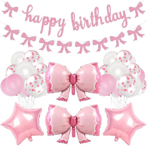 YGCHEN Luftballon Schleife Geburtstag Dekoration Rosa Fliege Folienballon Mädchen Geburtstagsdeko Happy Birthday Banner Stern Ballons Geburtstagsballons Mädchen Prinzessin Thema Party Deko 37 Stück von YGCHEN