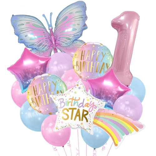 YGCHEN Luftballons Schmetterling Folienballon 1 Jahr Geburtstagsballons Mädchen 1 Jahr Party Deko Stern Happy Birthday Folienballons Latex Balloons Rosa Geburtstagsdeko 15 Stück von YGCHEN