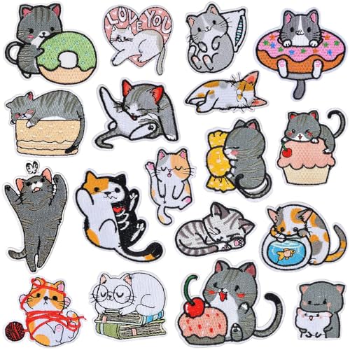 YGCHEN 18 Stück Katzen-Aufnäher, Runde, Spielerisch, Dekorativ, Tierisch, Stoff, Aufbügeln, Kindergarten-Patch, Bügelflicken, Taschen, Jeans, Kleider, Hüte, Schuhe, Socken, DIY, Basteln, Scrapbooking von YGCHEN