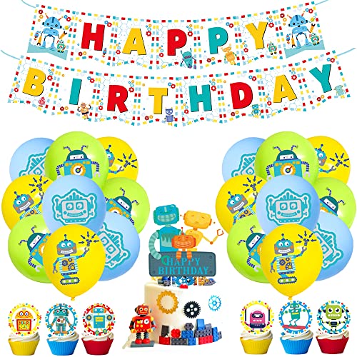YGCHEN Luftballons Roboter Kindergeburtstag Deko Roboter Tortendeko Happy Birthday Banner Geburtstag Dekoration Latex Ballons Roboter Party für Jungen Mädchen (44 Stück) von YGCHEN