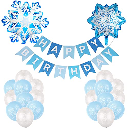 YGCHEN Schneeflocke Luftballon Frozen Geburtstagsdeko Happy Birthday Banner Schneeflocke Ballons Blau Weiss Schneeflocke Folienballon Winter Balloons für Mädchen Prinzessin Geburtstagsfeier, 23 Stücke von YGCHEN