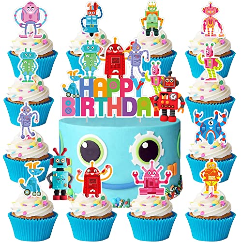 YGCHEN Tortendeko Roboter Kuchen Dekoration Happy Birthday Cake Toppers Roboter Figuren Kuchendeko Geburtstag Cupcake Topper Kinder Geburtstagstorte Deko 15 Stück von YGCHEN
