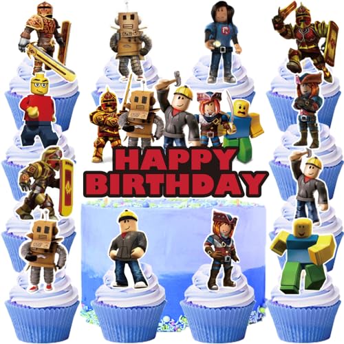 YGCHEN Tortendeko für Roblox Cupcake Topper Robot Geburtstag Kuchen Dekoration Videospiel Kuchen Deko Happy Birthday Cake Topper Kindergeburtstag Kuchendekoration 26 Stück von YGCHEN