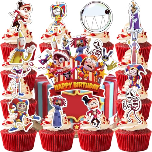 YGCHEN Zirkus Tortendeko Kindergeburtstag Cupcake Topper The Amazing Digital Circus Kuchen Deko Happy Birthday Cake Topper Zirkus Clown Kuchen Topper Geburtstagsdeko 26 Stück von YGCHEN