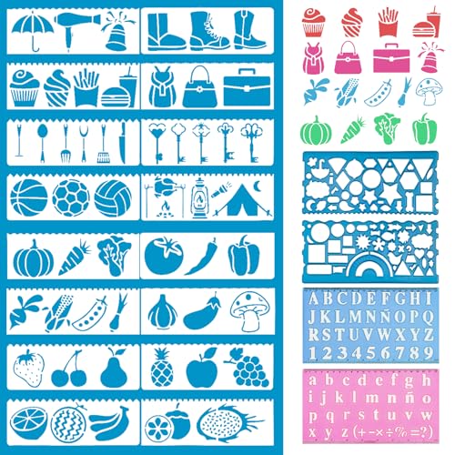 20 Stück Schablonen Set für Kinder & Technisches Zeichnen 16x Malschablonen + 2x Geometrie-Lineal + 2x Alphabet-Schablone für Lernen, Schule, Malen und Basteln (Gemischte Farben) von YGCQFH