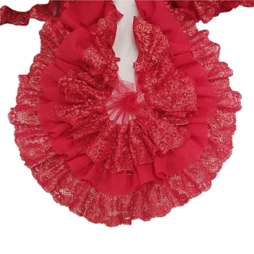 10 cm breit, dreilagig, plissierter Chiffonstoff, Stickerei, Fransenband, Spitzenkragen, Rüschenbesatz, DIY-Bekleidung, Vorhänge, Nähdekor(Wide Red) von YGLEEULI