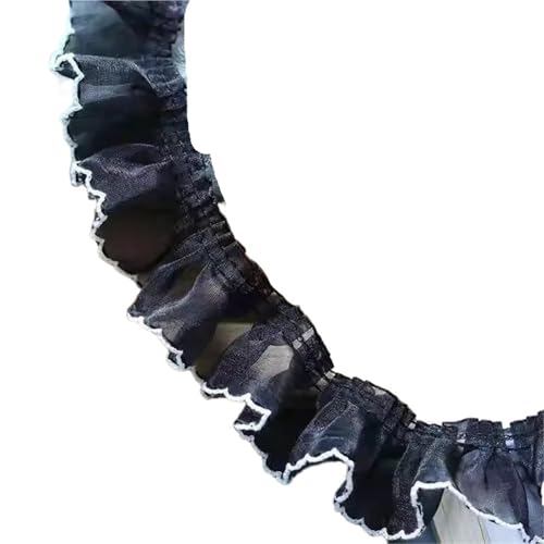 2 Yards Weiß Schwarz Organza Plissee Stoff Spitze Rüschenbesatz Stickerei Fransenband DIY Bekleidung Nähen Guipure Decor 4CM Breit(Black) von YGLEEULI