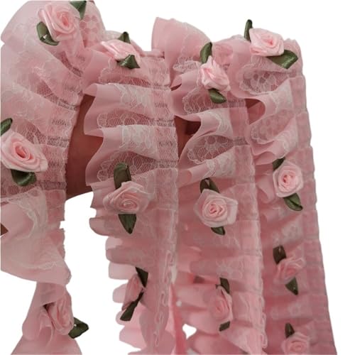 5 cm breiter rosa Spitzenstoff mit 3D-Blumen-Applikation, Chiffon, Plissee-Kragen, Rüschenbesatz, Stickerei, Spitzenband, DIY-Bastelarbeiten for Nähen 5 cm breiter rosa Spitzenstoff mit 3D-Blumen-Applikation, Chiffon, Plissee-Kragen, Rüschenbesatz, Stickerei, Spitzenband, DIY-Bastelarbeiten for Nähen von YGLEEULI