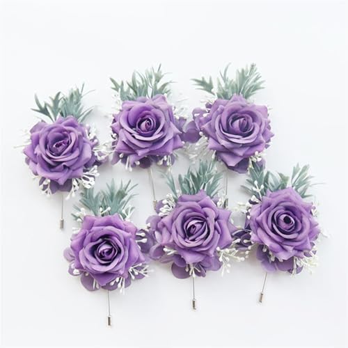 YGLEEULI 1/6 STK Lila Rose Hochzeit Handgelenk Corsage und Boutonniere Set for Braut Brautjungfer Männer Bräutigam Rote Rose Hochzeit Blumen Zubehör für Tanzparty(6PCS Boutonniere) von YGLEEULI