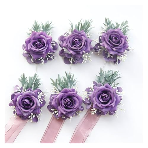 YGLEEULI 1/6 STK Lila Rose Hochzeit Handgelenk Corsage und Boutonniere Set for Braut Brautjungfer Männer Bräutigam Rote Rose Hochzeit Blumen Zubehör für Tanzparty(6PCS Set) von YGLEEULI