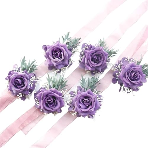 YGLEEULI 1/6 STK Lila Rose Hochzeit Handgelenk Corsage und Boutonniere Set for Braut Brautjungfer Männer Bräutigam Rote Rose Hochzeit Blumen Zubehör für Tanzparty(6PCS Wrist Corsage) von YGLEEULI