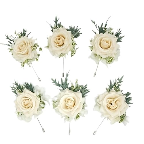 YGLEEULI 1/6 STÜCKE Rose Hochzeit Handgelenk Corsage Und Boutonniere Set for Braut Brautjungfer Mann Bräutigam Rose Hochzeit Blumen Zubehör für Tanzparty(6PCS Boutonniere) von YGLEEULI