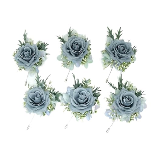 YGLEEULI 1/6 stücke Rose Hochzeit Handgelenk Corsage Und Boutonniere for Braut Brautjungfer Mann Bräutigam Blaue Rose Hochzeit Blumen Zubehör Prom Anzug für Tanzparty(6PCS Boutonniere) von YGLEEULI