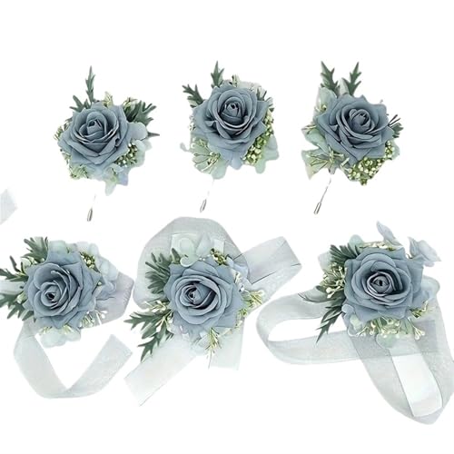YGLEEULI 1/6 stücke Rose Hochzeit Handgelenk Corsage Und Boutonniere for Braut Brautjungfer Mann Bräutigam Blaue Rose Hochzeit Blumen Zubehör Prom Anzug für Tanzparty(6PCS Set) von YGLEEULI