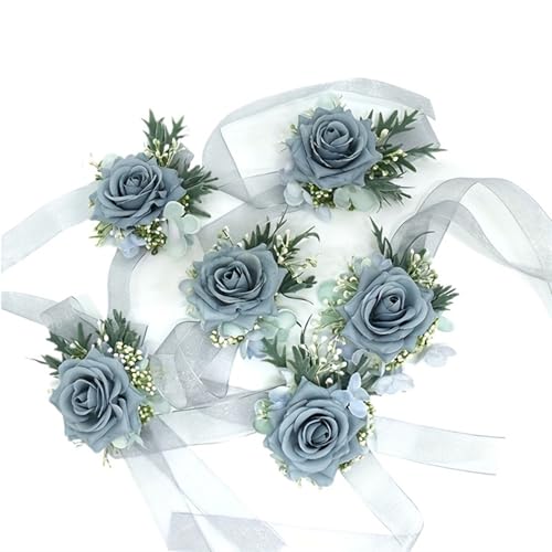 YGLEEULI 1/6 stücke Rose Hochzeit Handgelenk Corsage Und Boutonniere for Braut Brautjungfer Mann Bräutigam Blaue Rose Hochzeit Blumen Zubehör Prom Anzug für Tanzparty(6PCS Wrist Corsage) von YGLEEULI