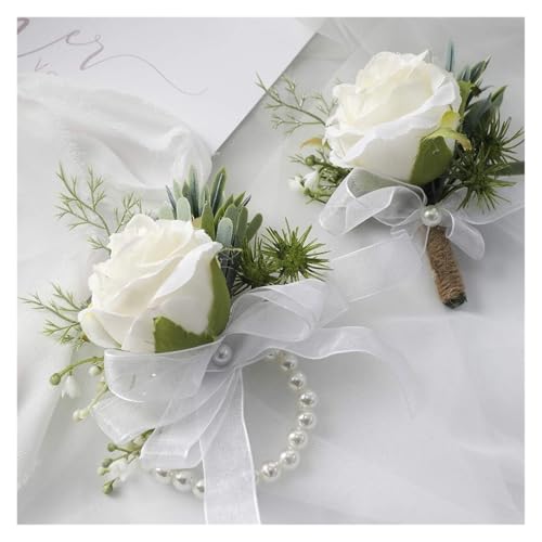 YGLEEULI 2 Stück Ansteckblume fürs Handgelenk, Armband und Boutonniere for Männer, for weiße Hochzeitsblumen, Accessoires, Abschlussball-Dekorationen für Tanzparty(2pcs Set) von YGLEEULI
